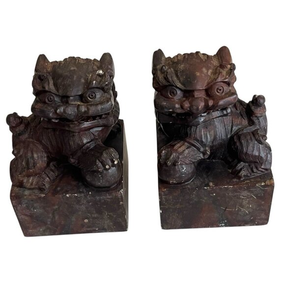 Set Of 2 Vintage Chinese Solid Marble Foo Dogs Imperial Guardian Lions Male Yang - Picture 3 of 8